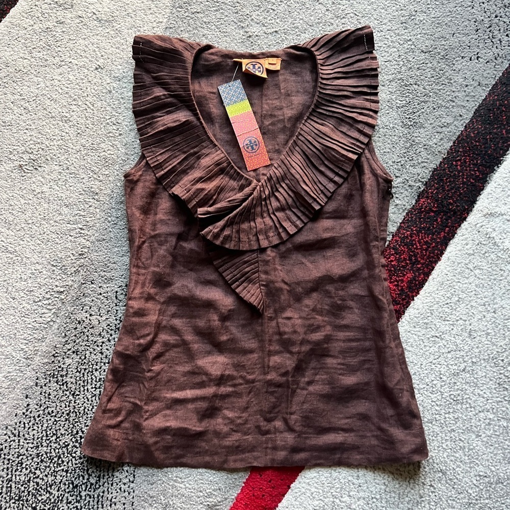 Tory Burch Linen Coconut Brown Ruby Ruffled Top